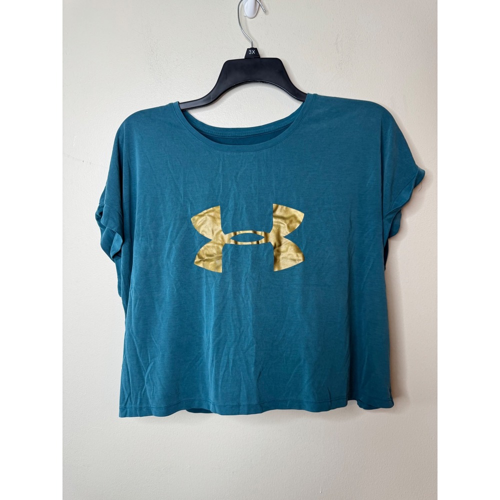 Under Armour Womens Teal Blue Gold Metallic Logo Loose Fit Short Sleeve Shirt L